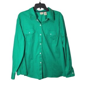 L.L.Bean Green Polka Dot Button Front Shirt 2X Stretch Cotton Roll Tab Sleeves